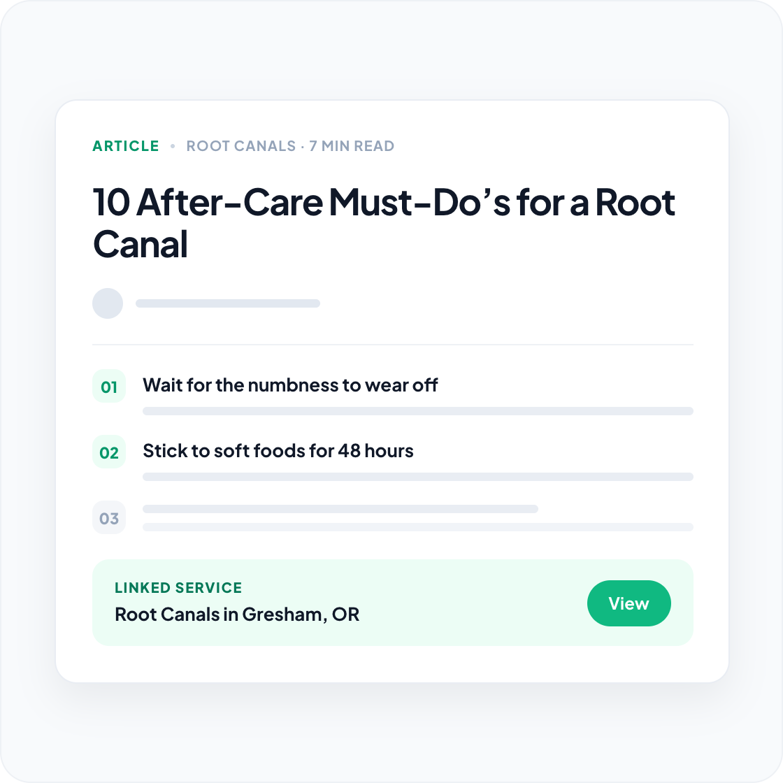 Illustration of an article page with a category label, headline, numbered key points, and a linked service card